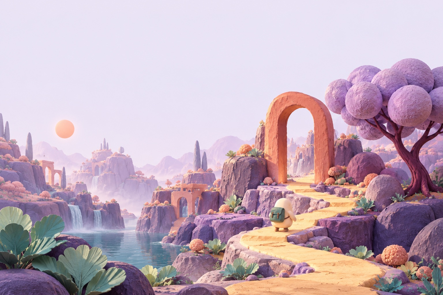 A tiny traveler follows a winding path through a lavender landscape toward a peach doorway, surrounded by mint plants and a lilac tree.