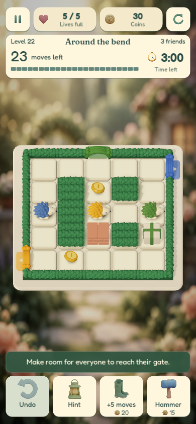 Level 22, Around the bend: three hedgehogs, color-matched gates, hedges, coins, and a gift on a tiled puzzle board.